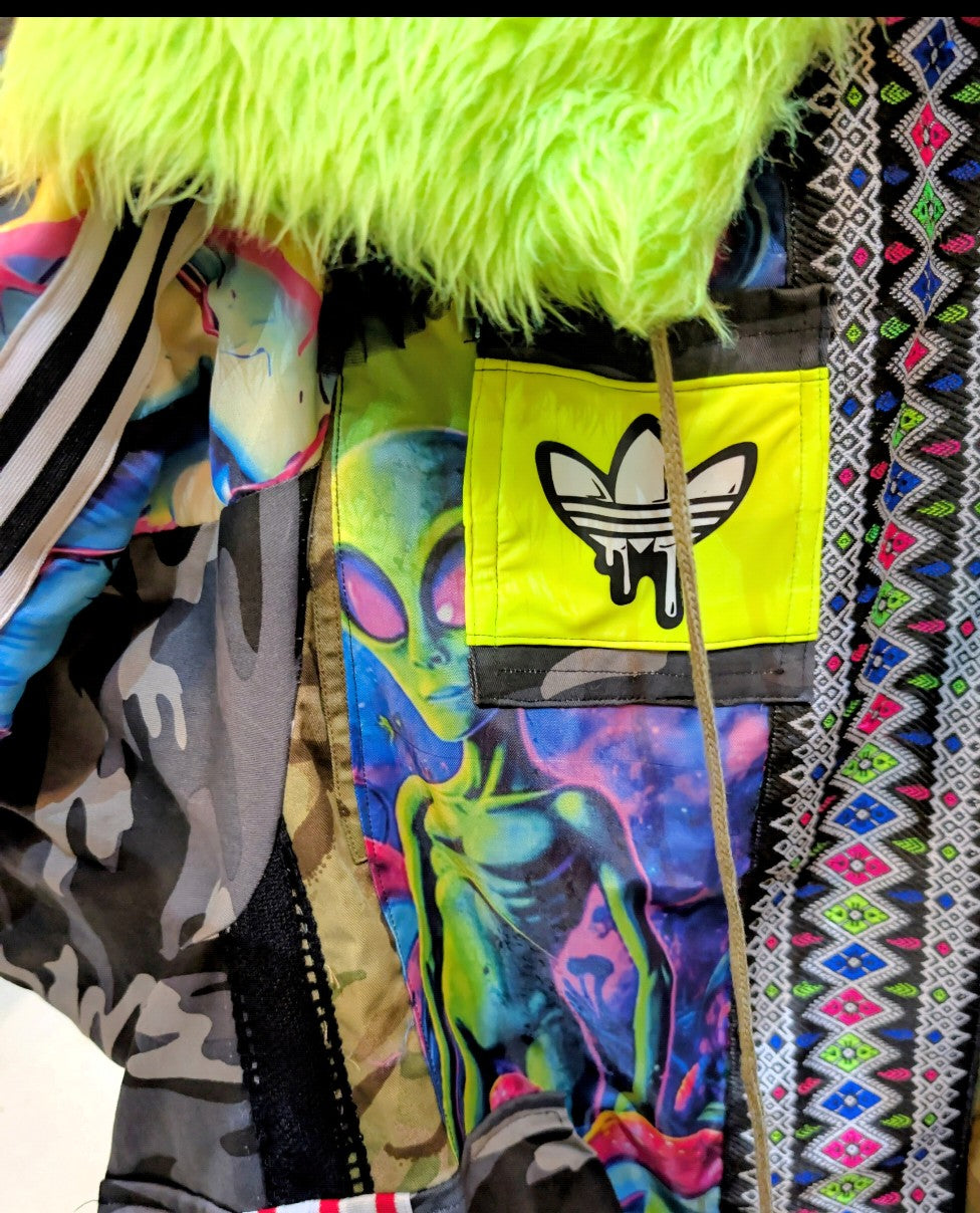 Space Alien jacket made from recycled camouflage and graphic prints.