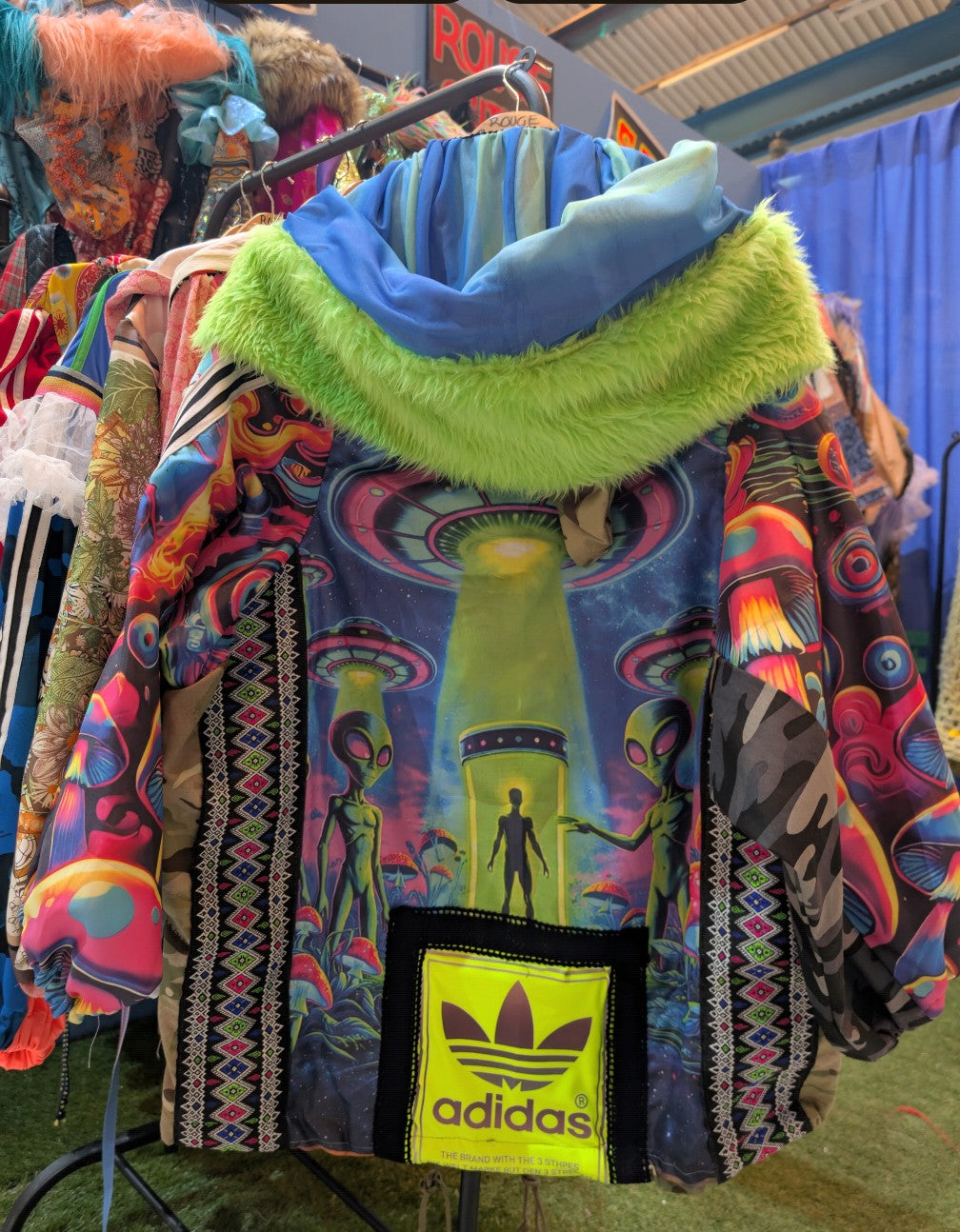Space Alien jacket made from recycled camouflage and graphic prints.
