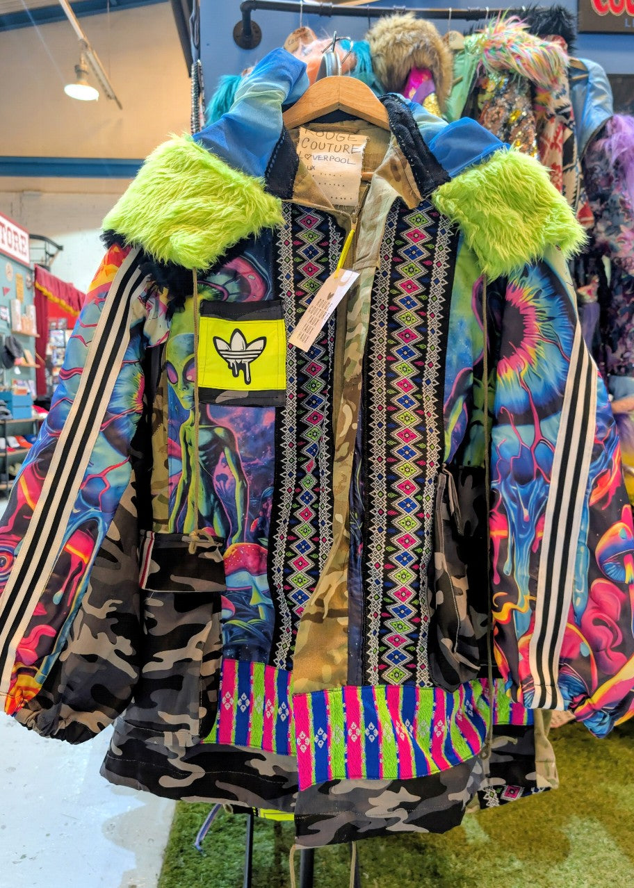 Space Alien jacket made from recycled camouflage and graphic prints.